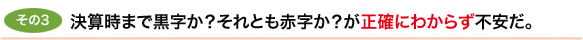 その3　決算時まで黒字か？それとも赤字か？が正確にわからず不安だ。