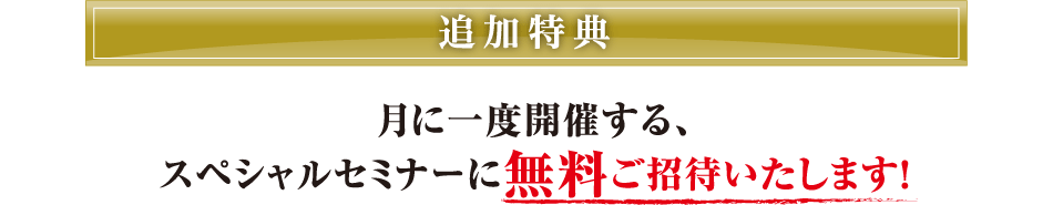 追加特典 月に一度開催する、スペシャルセミナーに無料ご招待いたします！