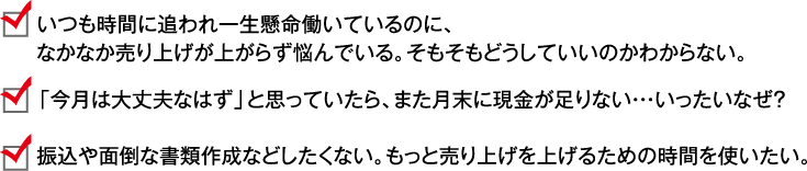 いつも時間に追われ一生懸命働いているのに、なかなか売り上げが上がらず悩んでいる。そもそもどうしていいのかわからない。 「今月は大丈夫なはず」と思っていたら、また月末に現金が足りない・・・いったいなぜ？ 振込や面倒な書類作成などしたくない。もっと売り上げを上げるための時間を使いたい。